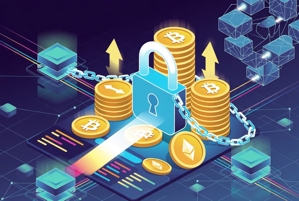 Illustration of crypto coins locked in staking to earn rewards on a blockchain network