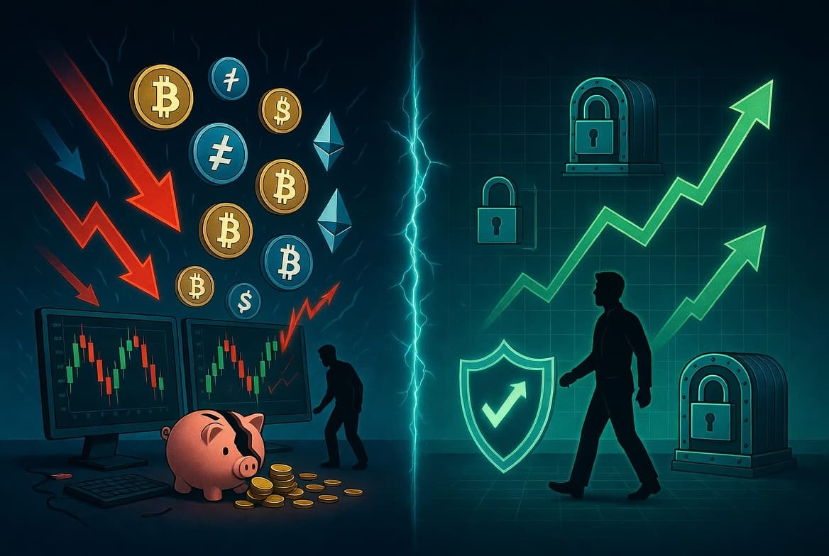 A declining crypto chart symbolizing common investing mistakes that lead to losses